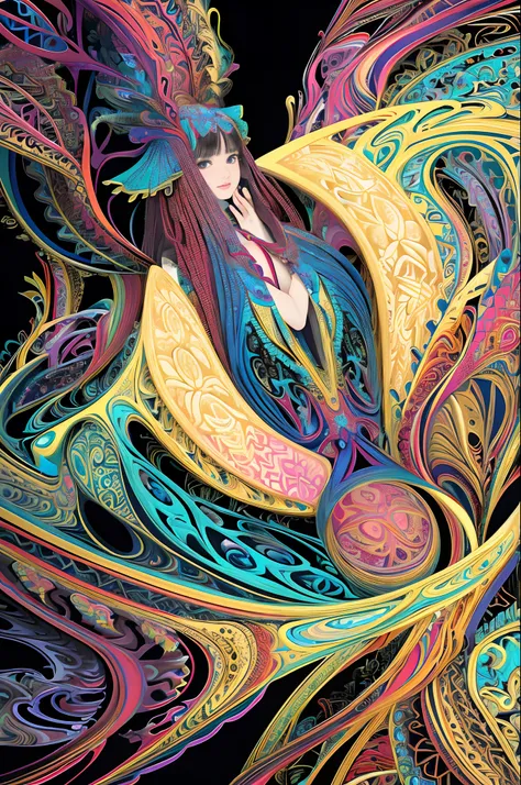 (masterpiece, top quality, best quality, official art, beautiful and aesthetic:1.2), (1girl:1.3), extremely detailed,(fractal art:1.2),colorful,highest detailed,(zentangle:1.2), (dynamic pose), (abstract background:1.5), (treditional dress:1.2), (shiny ski...