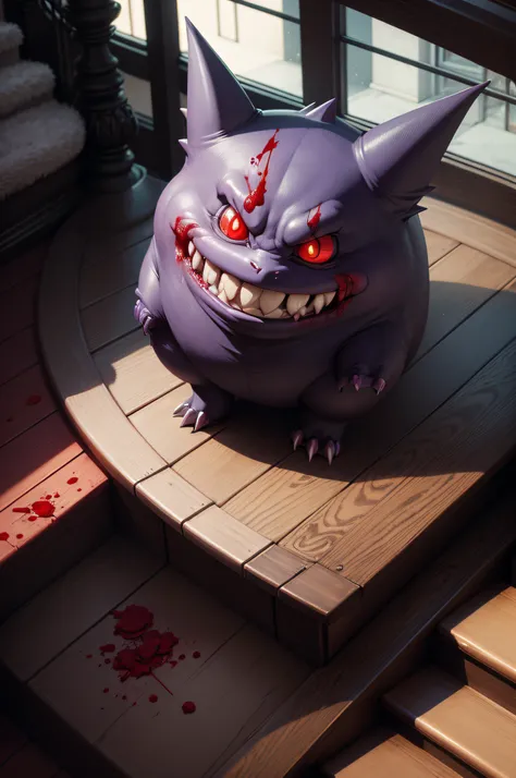 highest quality image, masterpiece, (detailed: 1.4), perfect drawing, pokemon gengar, totally in the dark, dark mansion, stairs, gothic setting, night, no lights, blood red eyes