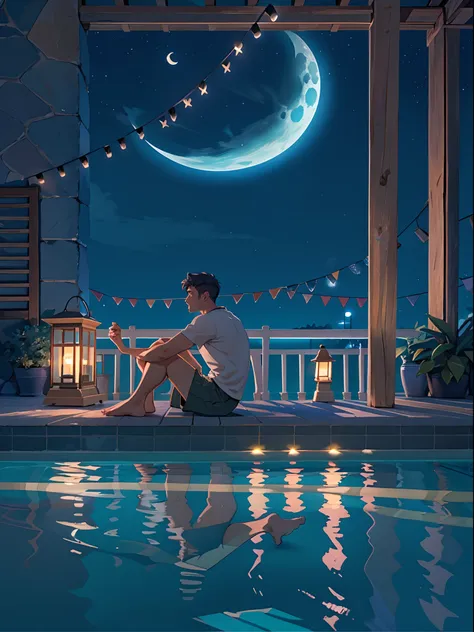 a man sitting near the swimming pool, wearing a long shorts, night light view, half moon, blue lights under the swimming pool, l...