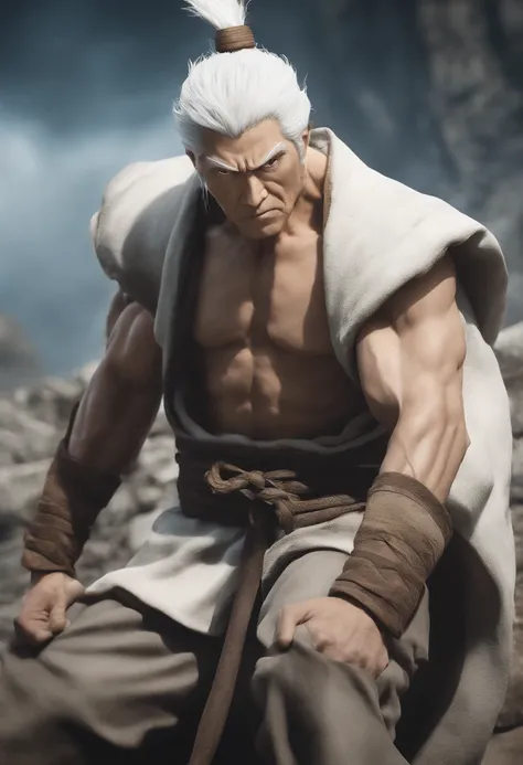 Depict the appearance of Isaac Netero, an elderly man with white hair. Emphasize his muscular body that has been trained to the limit, conveying his overwhelming combat power. Show his calm and collected expression, but also his stern gaze at times. Expres...