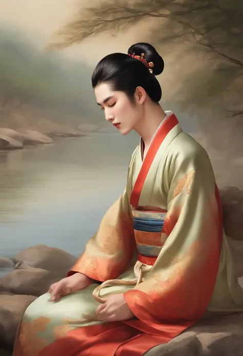 A man sleeping by the river，chineseidol，Hanfu，hair-bun，Traditional Chinese painting，