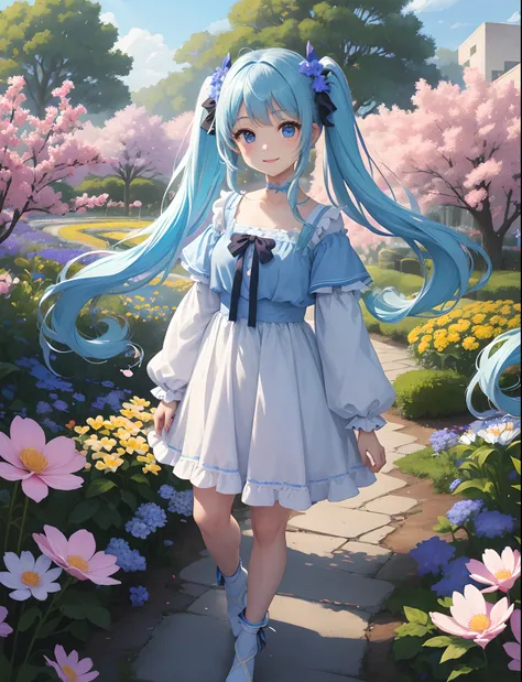 ​masterpiece:1.2、hightquality、top-quality、hight resolution、detaileds、A hyper-realistic、1girl in、long hair with light blue twin tails,,,、Beautiful blue eyes、Standing in a flower garden、colorful outfit、blue-sky、full body Esbian、rainbows、Lovely smile、Cosmos f...