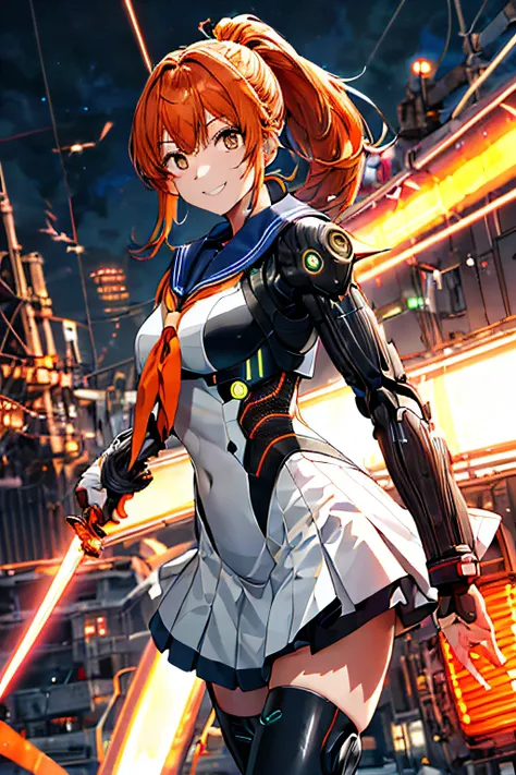 Cybernetic arm and glowing cyber girl,(J Womens Uniform,a sailor suit,White skirt,),Intense body movements,Add a motion blur effect to simulate motion,Stand on the streets of a desolate battlefield.Surrounded by a network of wires. Surrounded by a web of c...