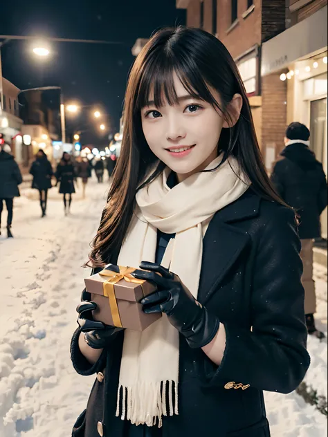 (Close-up portrait of one girl has long hair with dull bangs in a winter uniform and scarf coat:1.5)、(One girl with a shy smile has a gift box in hand  with gloves:1.5)、(Snowy winter night street corner with Christmas lights:1.5)、(Perfect Anatomy:1.3)、(No ...