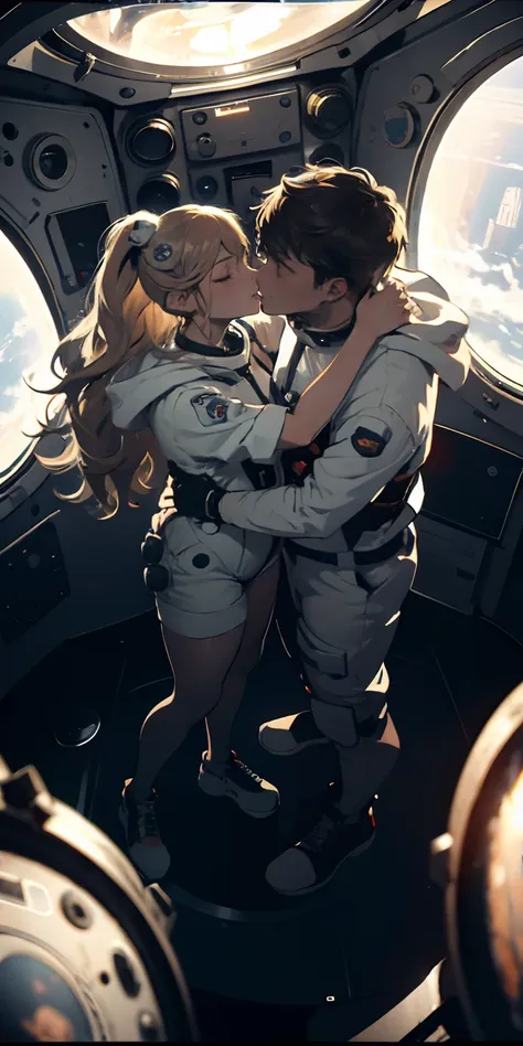 absurd resolution, high resolution, (masterpiece:1.4), ultra-detailed, 1girl and 1boy kissing, in a spacesuit, seen from above, ...