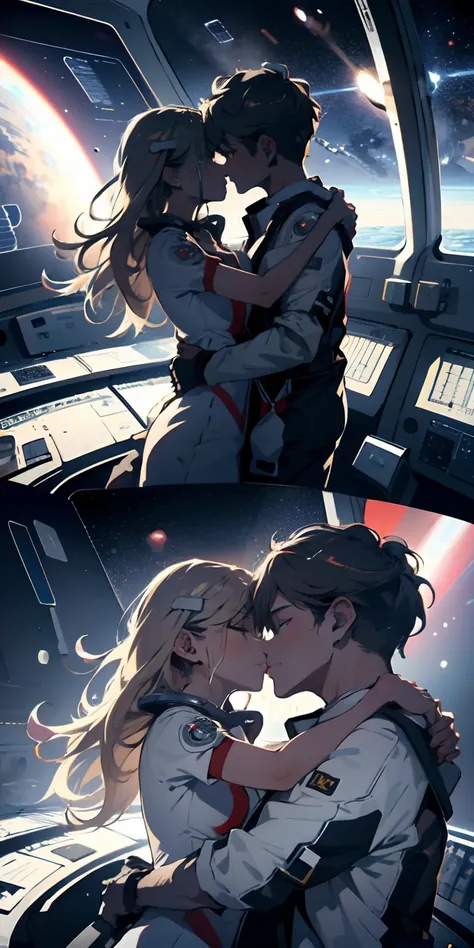 Absurd resolution, high resolution, (masterpiece:1.4), ultra-detailed, 1girl and 1boy kissing, in a spacesuit, seen from above, space, floating, satellite, outer space operation, wide-angle lens distortion