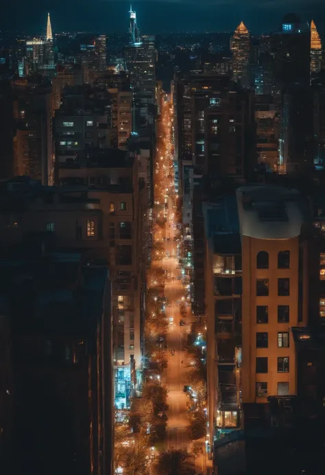 city with many buildings and lights on at night.