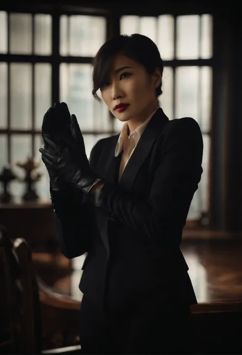 The shirt is also black、Wearing a black mans three-piece suit、Japan woman in black leather gloves