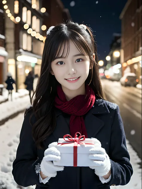 (Close-up portrait of one girl has twin-tailed hair in a winter uniform and scarf coat:1.5)、(One girl with a shy smile has a gift box in hand  with gloves:1.5)、(Snowy winter night street corner with Christmas lights:1.5)、(Perfect Anatomy:1.3)、(No mask:1.3)...