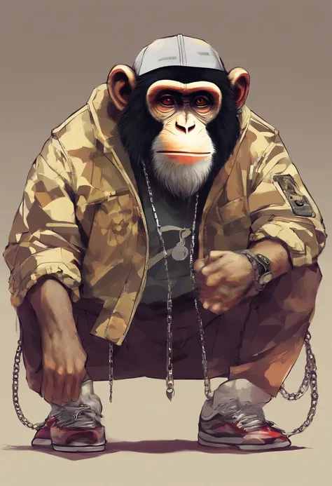 Monkey with jacket and shorts and a Nike sneaker wearing chain necklace, brinco pequeno nas orelhas fazendo a barba de outro macaco dentro de uma barbearia