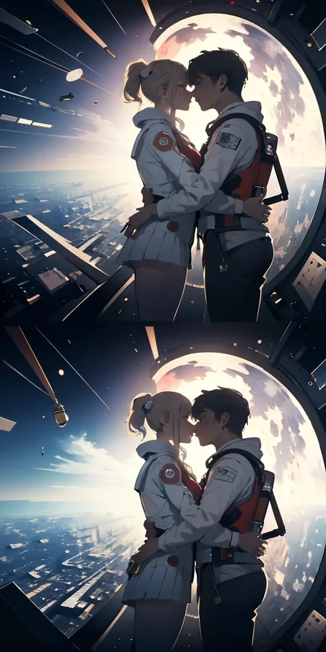 Absurd resolution, high resolution, (masterpiece:1.4), ultra-detailed, 1girl and 1boy kissing, in a spacesuit, seen from above, space, floating, satellite, outer space operation, wide-angle lens distortion