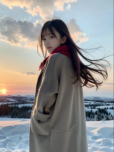 (A close-up portrait from behind of one slender girl has long hair with blunt bangs and a scarf coat in winter uniform:1.5)、(One girl turned around with a sad face with hair fluttering in the wind :1.3)、(Beautiful snowy sunset full red sky:1.5)、(Perfect An...