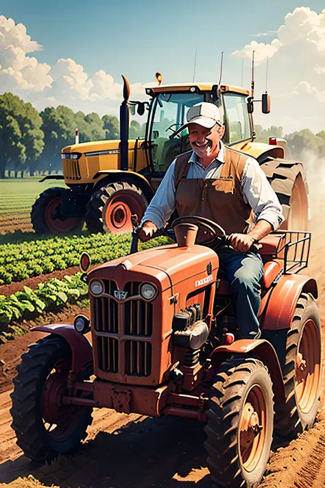 Happy farmer ryding a tractor planting vegetables