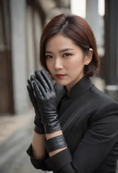 The shirt is also black、Wearing a black mans three-piece suit、Japan woman in black leather gloves