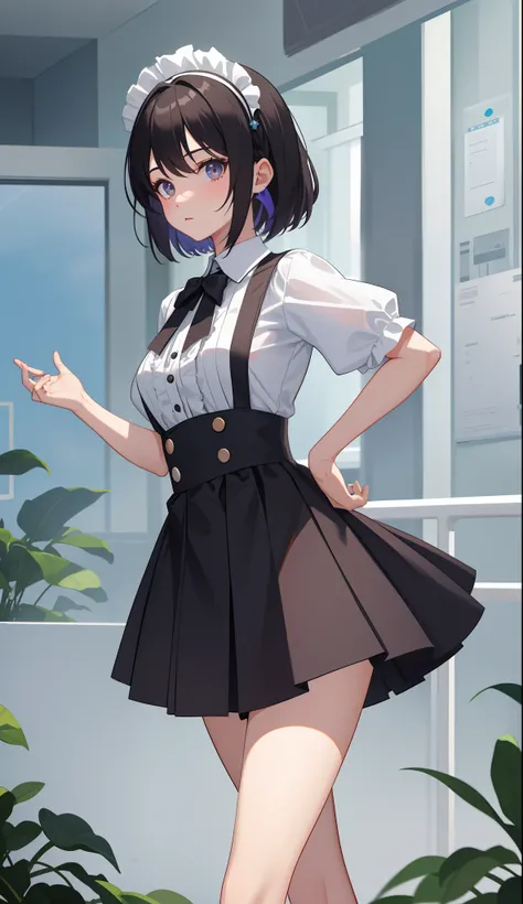 1girl in、AS-Adult、The shirt、Ultra mini skirt、pantiy、（small tits）、doress、pinafore、Hair decoration、（Maid costume）、Walking with a thigh、Upper body portrait、