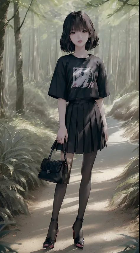 ((Lisa from Blackpink)), t-shirt, tiny pleated skirt, waist-high black tights, high heels, close-up of face, full body shot, very fair skin, short hair, wavy hair, camp, forest, photorealistic , indirect lighting, volumetric light, ray tracing, hyper-detai...