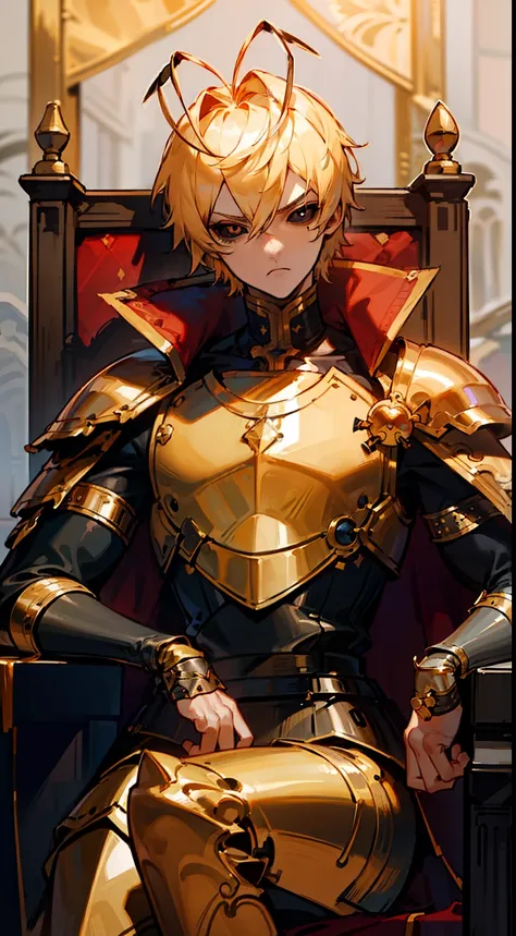 (Original Character,8k, Masterpiece, Best Quality,Detailed, Beautiful Detailed Eyes, solo),1boy,tall,fine skin,cowboy shot,(black eyes),black sclera,blonde hair,short hair,(((hair 2antennas)))(gold armor),red cape,sitting on the golden throne in room in ca...