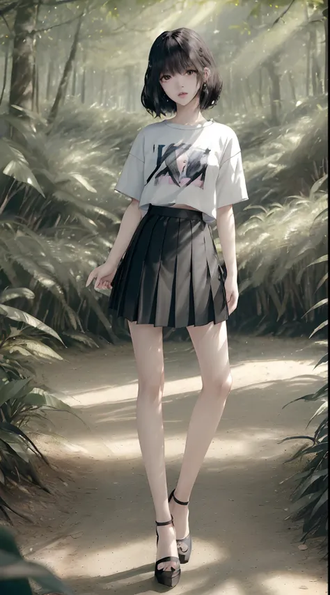 ((Lisa from Blackpink)), t-shirt, tiny pleated skirt, waist-high black tights, high heels, close-up of face, full body shot, very fair skin, short hair, wavy hair, camp, forest, photorealistic , indirect lighting, volumetric light, ray tracing, hyper-detai...