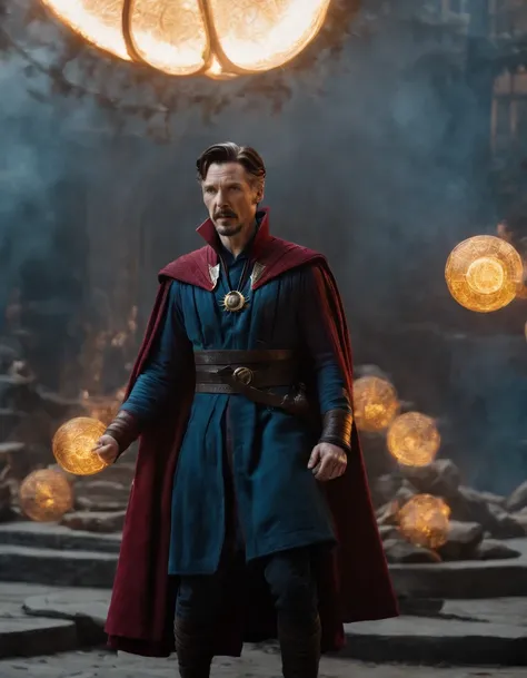 Dr Strange, battle pose, magic portal, battle field background