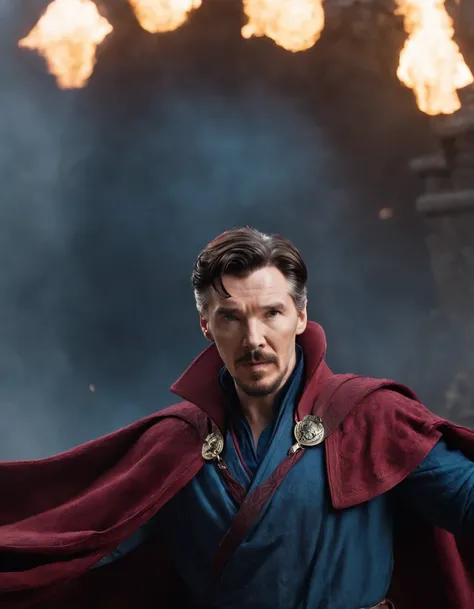 Dr Strange, battle pose, magic portal, battle field background