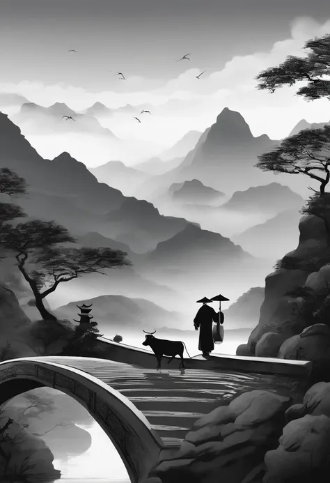 An old man carrying a basket on his back，Leading a cow，Walk on a stone bridge，The background is the mountain，There is water under the bridge，The clouds are ethereal，siluette，Traditional Chinese painting，Black and white gray，