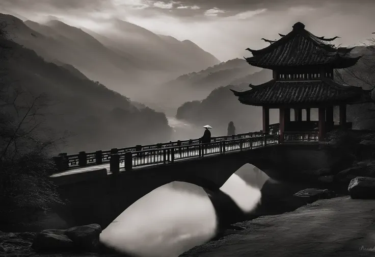 An old man carries a basket，morning glory，Walk on the stone bridge，The background is the mountain，There is water under the bridge，The clouds are ethereal，siluette，Traditional Chinese painting，Black and white gray，