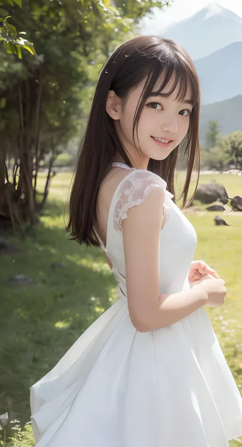 (top-quality、​masterpiece:1.2)、Best Quality、realisitic、photoshot、hight resolution、1080p、8K、Textured skin、Physical Rendering、1 Japan Girls、a junior high school student、kawaii、Young Face、Rolled hair、(White Dress:1.5)、in mountains、full of shyness、smil、Big