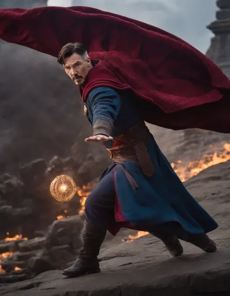 Dr Strange, battle pose, big magic portal, battle field background