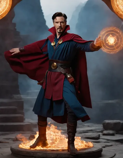 Dr Strange, battle pose, big magic portal, battle field background