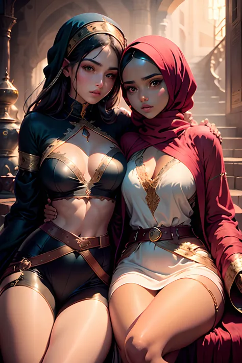 Mavtan Moroccan Islamic surreal super detail,model shoot,two girls sitting together,duo,Dynamic pose,leering,(Dream belt,Dream robes,Fantastic ribbons),Hug and touch each other,Biting a friends earlobe, Hug each other from behind, Touch your friends chest ...