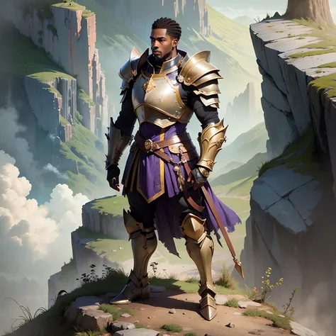 black man standing with an open bible wearing purple and gold armor standing on top of cliff with 2 black men wearing same armor --auto --s2