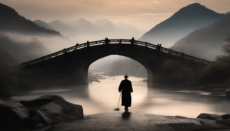 An old man carries a basket，morning glory，Walk on the stone bridge，The background is the mountain，There is water under the bridge，The clouds are ethereal，siluette，Traditional Chinese painting，Black and white gray，