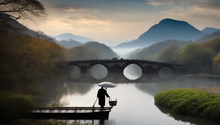 An old man carries a basket，morning glory，Walk on the stone bridge，The background is the mountain，There is water under the bridge，The clouds are ethereal，siluette，Traditional Chinese painting，Black and white gray，