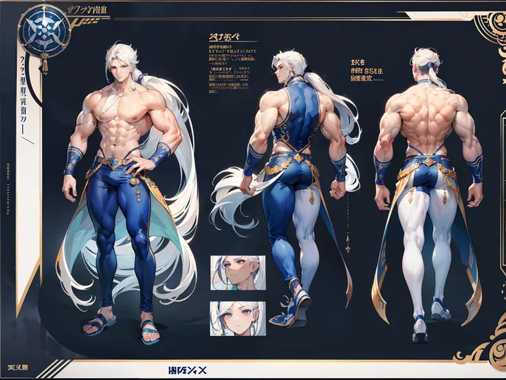 ((Masterpiece, Highest quality)), Detailed face, character design sheet， full bodyesbian, Full of details, frontal body view, back body view, Highly detailed, Depth, Many parts, Muscle boy with ponytail long white hair，handsome man, muscle body, navy, comm...