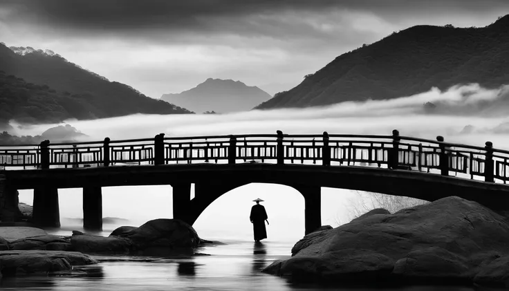 An old man carries a basket，Walk on the stone bridge，The background is the mountain，There is water under the bridge，The clouds are ethereal，siluette，Traditional Chinese painting，Black and white gray，