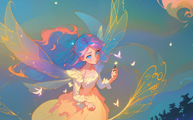 beautiful anime girl in flowing long sleeve ruffle layered ballgown, ((fairy wings)), inspired by Glen Keane, inspired by Lois van Baarle, (disney art style), by Lois van Baarle, glowing aura around her, by Glen Keane, jen bartel, glowing lights! digital p...