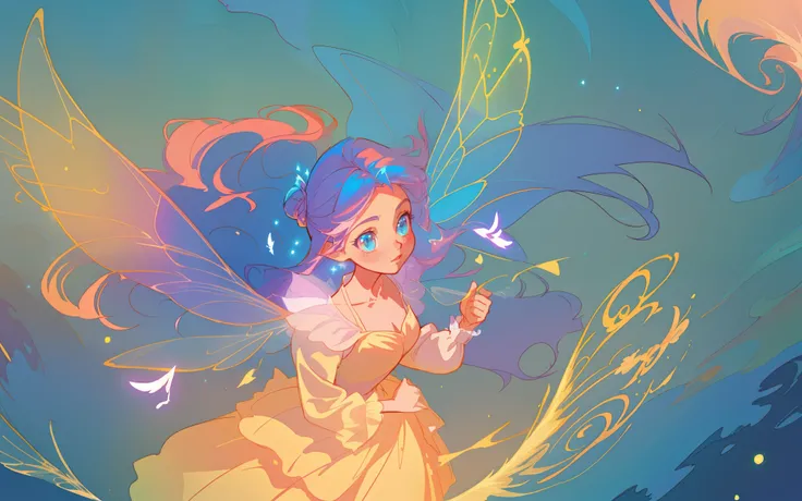 beautiful anime girl in flowing long sleeve ruffle layered ballgown, ((fairy wings)), inspired by Glen Keane, inspired by Lois van Baarle, (disney art style), by Lois van Baarle, glowing aura around her, by Glen Keane, jen bartel, glowing lights! digital p...