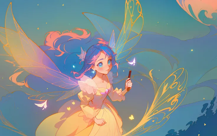 beautiful anime girl in flowing long sleeve ruffle layered ballgown, ((fairy wings)), inspired by Glen Keane, inspired by Lois van Baarle, (disney art style), by Lois van Baarle, glowing aura around her, by Glen Keane, jen bartel, glowing lights! digital p...