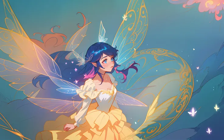 beautiful anime girl in flowing long sleeve ruffle layered ballgown, ((tiered layered ballgown)), ((fairy wings)), inspired by Glen Keane, inspired by Lois van Baarle, (disney art style), by Lois van Baarle, glowing aura around her, by Glen Keane, jen bart...