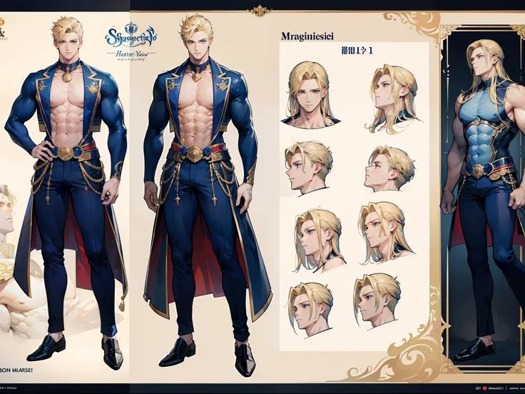 ((Masterpiece, Highest quality)), Detailed face, character design sheet， full bodyesbian, Full of details, frontal body view, back body view, Highly detailed, Depth, Many parts, Muscle boy with blonde hair，handsome man, navy, commander, man tall, pectoral ...