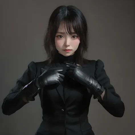 Young Japan woman lifting black suit up to shirt, Black leather gloves worn on both hands, Hands of a woman in a black suit and black leather gloves in front of her