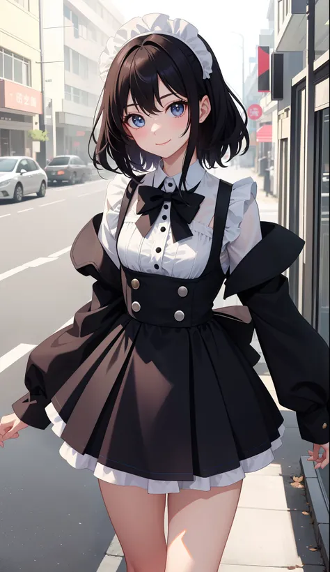 1girl in、AS-Adult、A smile、The shirt、Ultra mini skirt、pantiy、（small tits）、doress、pinafore、Hair decoration、（Maid costume）、Walking with a thigh、Upper body portrait、