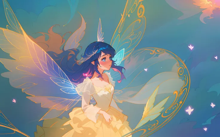 beautiful anime girl in flowing long sleeve ruffle layered ballgown, ((tiered layered ballgown)), ((fairy wings)), inspired by Glen Keane, inspired by Lois van Baarle, (disney art style), by Lois van Baarle, glowing aura around her, by Glen Keane, jen bart...