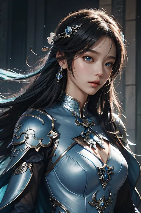 a close up of a woman in a silver and blue dress, chengwei pan on artstation, by Yang J, detailed fantasy art, stunning character art, fanart best artstation, epic exquisite character art, beautiful armor, extremely detailed artgerm, detailed digital anime...