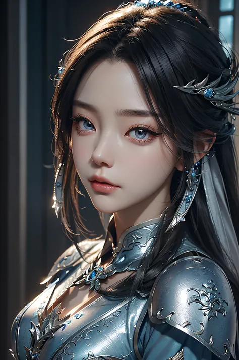 a close up of a woman in a silver and blue dress, chengwei pan on artstation, by Yang J, detailed fantasy art, stunning character art, fanart best artstation, epic exquisite character art, beautiful armor, extremely detailed artgerm, detailed digital anime...