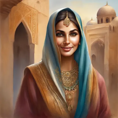 Young girl , arabian, Tall stature, small breasts, closed mouth, smile, Arabian appearance: Green eyes; wearing hijab; sharp facial features; dimple on the chin; Big nose; big nose; high cheekbones; high forehead, standing straight, nice robe, long hijab, ...