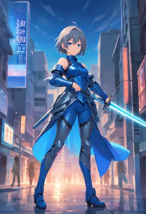 A girl with short gray hair wearing full-body armor、With blue-colored eyes with blue-colored eyes、He holds a long sword with sleepy eyes and an emotionless expression、Full body like、tights、high-heels