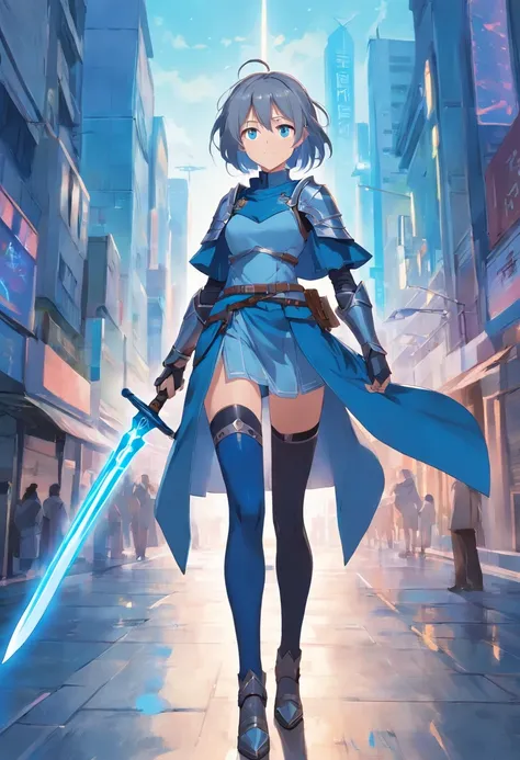 A gray-haired girl in armor、With blue-colored eyes with blue-colored eyes、He holds a long sword with sleepy eyes and an emotionless expression、Full body like、tights、high-heels