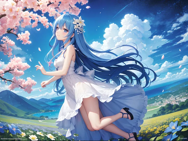 (hight resolution、ultra-detailliert、nffsw、movie)、独奏、1girl in、Happiness、girl standing in a flower field、Girl around the petals、A charming smile、full body Esbian、Long-haired girl with blue hair、Twin-tailed、lightblue hair、facing front、Facing the front in the ...