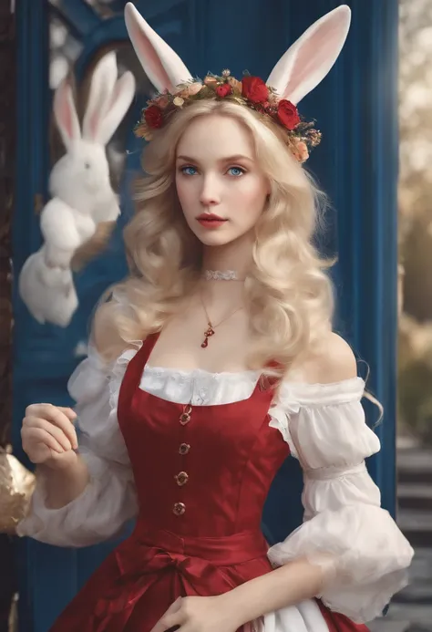 Apron layered on blue dress　a blond　Lost　Blue eyes　Full of doors　White rabbit is next to you　CG wind